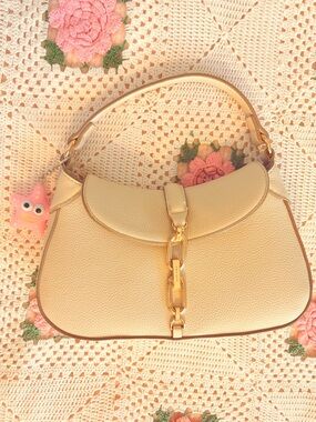 Anne Klein Cream Pebbled Leather Shoulder Bag with Gold Hardware
